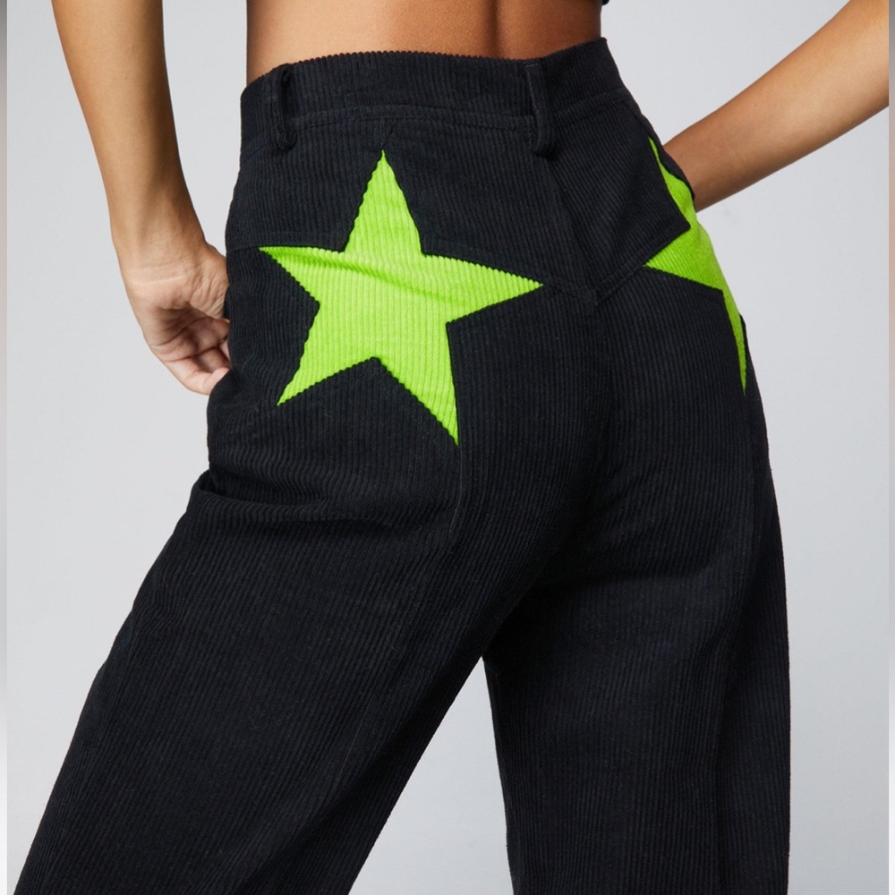 Nasty Gal Black Corduroy Pants with Neon Green Star Patches